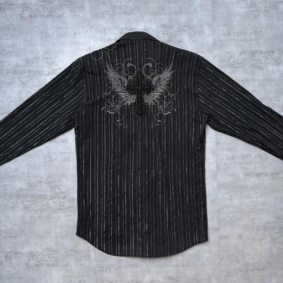 Y2K Lamasini Cross Embroidered 00s Button Up Shirt - Picture 2 of 7